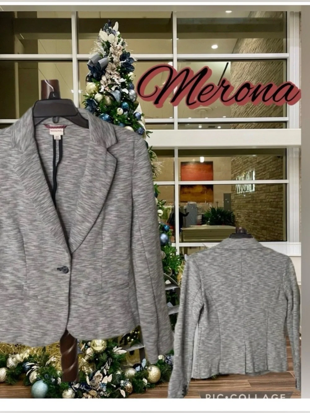 Merona  Gray &  White Single Button Collared notched lapel Blazer  Pockets SZ L